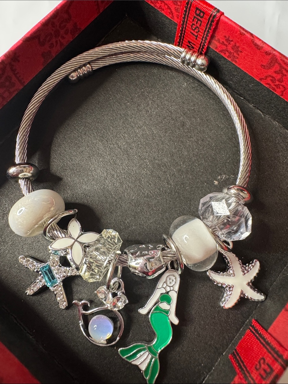 Silver Charm Bracelet with White Beads and Green Mermaid Charm